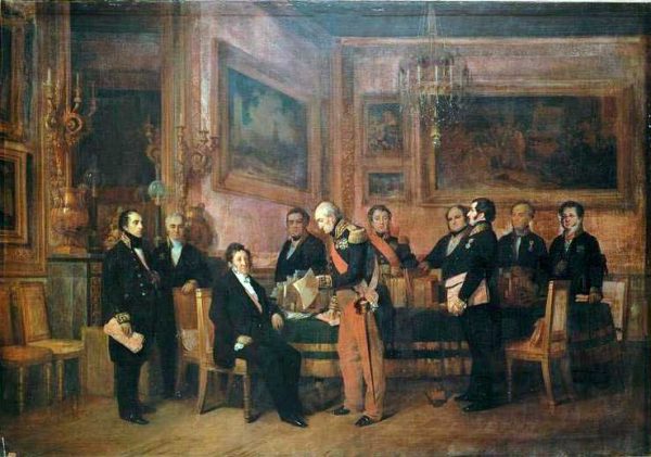 Кабинет Сульта в 1842 году, с Франсуа Гизо (первый слева), королем Луи Филиппом (сидит) и премьер-министром Сультом (в центре)